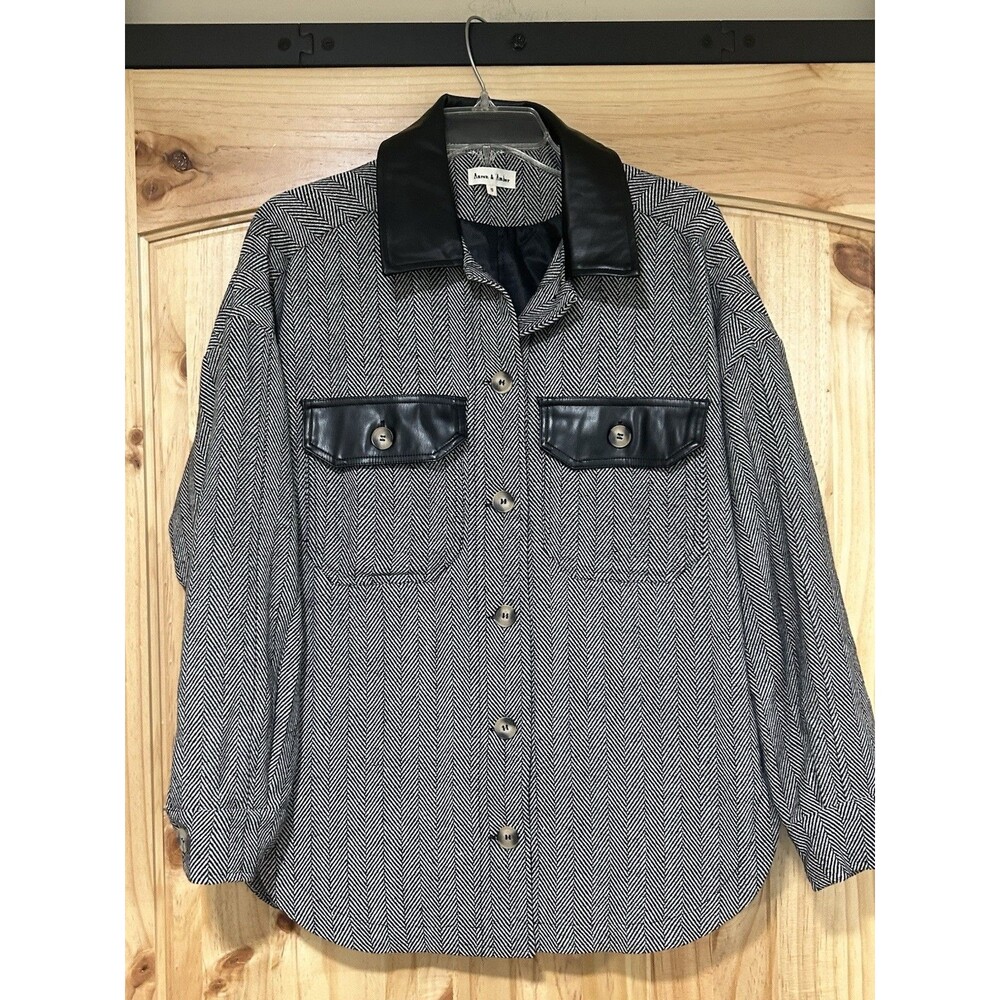 Aaron & Amber Button Up Jacket Oversized Black White Houndstooth Faux Leather S